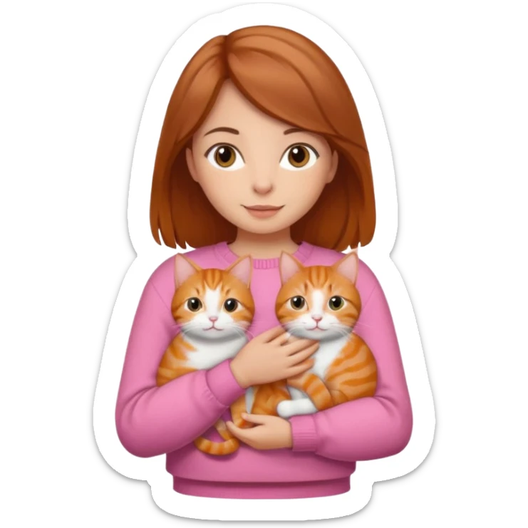 Brown hair girl holding an orange tabby cat, wearing a pink sweater. sticker
