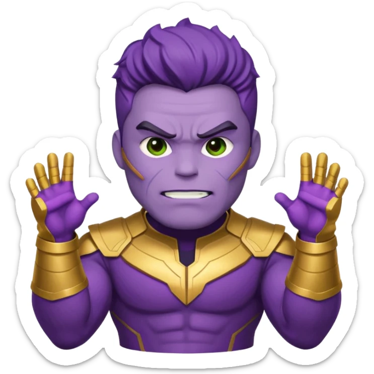 Cute emoji icon of Choi Seung-hyun T.O.P as Thanos, purple skin, strong jaw, confident mischievous, Player 230 green tracksuit with number, simplified Infinity Gauntlet, minimalistic, bold lines, bright colors sticker