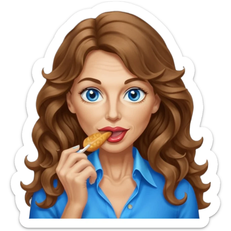 Extra Long wavy hair, brown hair, blue eyes Caucasian, age 50, sexy clothes, boobies, licking sticker