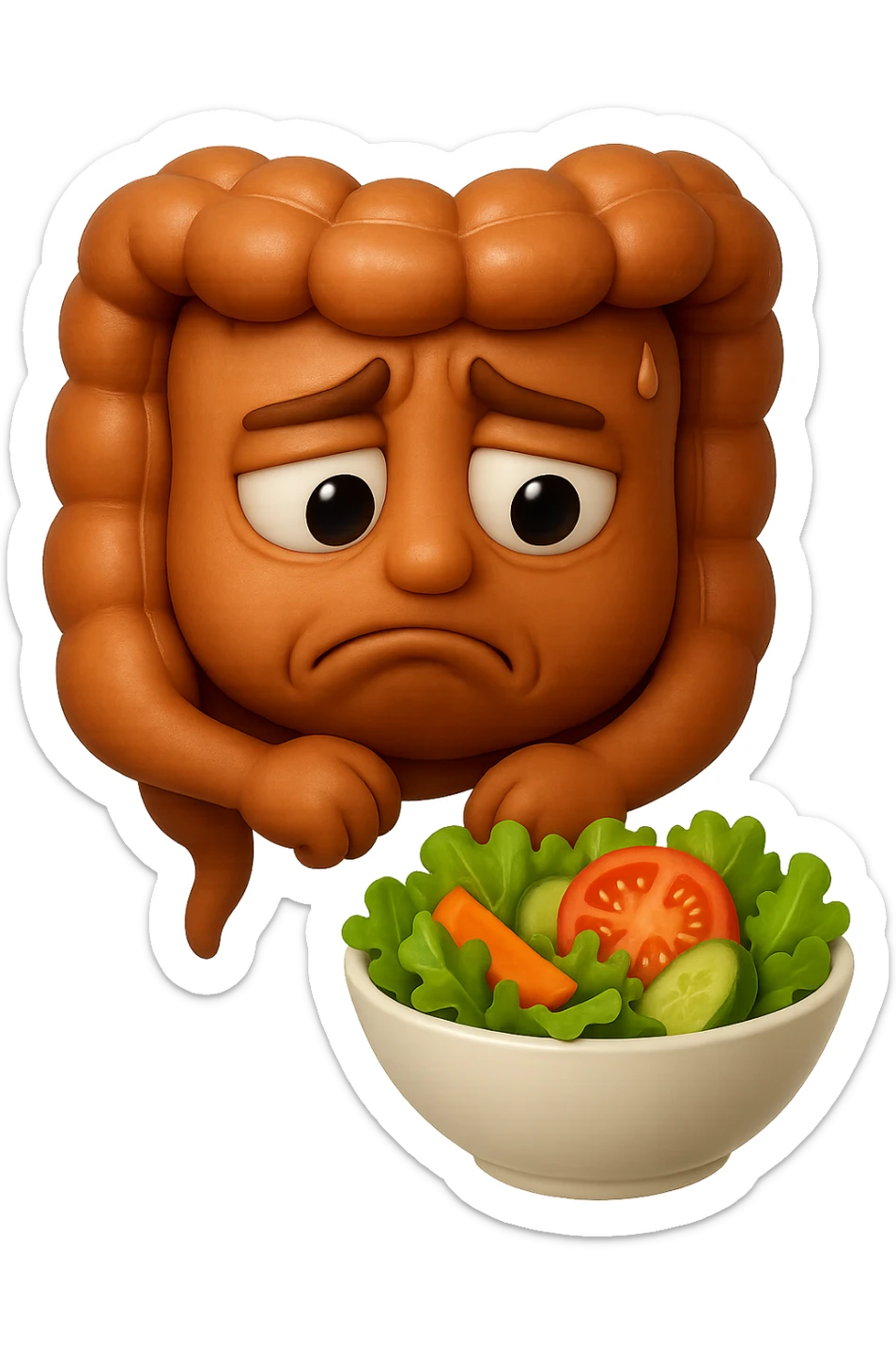 EMOJI STILE IPHONE DI UN INTESTINO UMANO ANATOMICO CHE GUARDA UN INSALATA CON ESPRESSIONE TRISTE E RASSEGNATA IN VOLTO: SOFFRE LA FAME PERCHé è A DIETA, FAGLI ANCHE LA PARTE BIANCA DEGLI OCCHI, NON SOLO LE PUPILLE, IPERREALISTICO 4K sticker