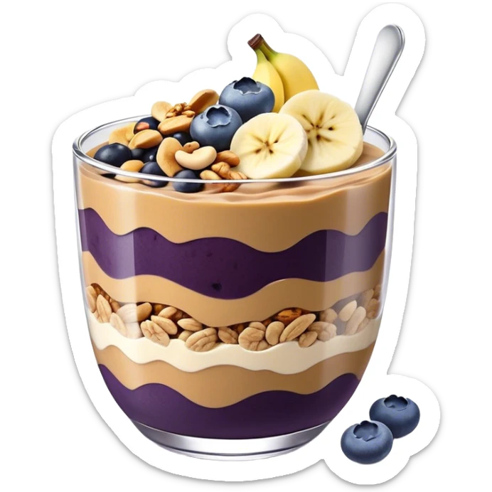 Açai bowl in a clear cup with layers of peanut butter, cashew nuts, granola, condensed milk and banana sliced and blueberrys on top sticker