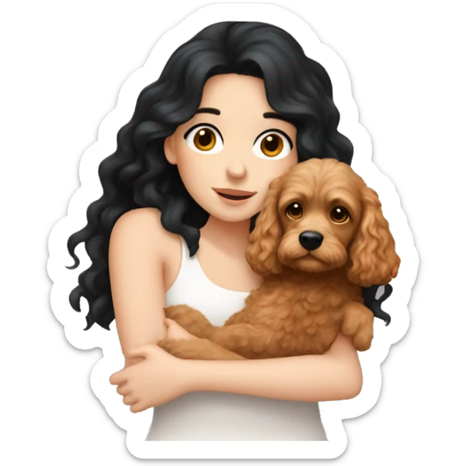White skinned european girl with long black hair cuddling with an apricot coloured cockapoo sticker