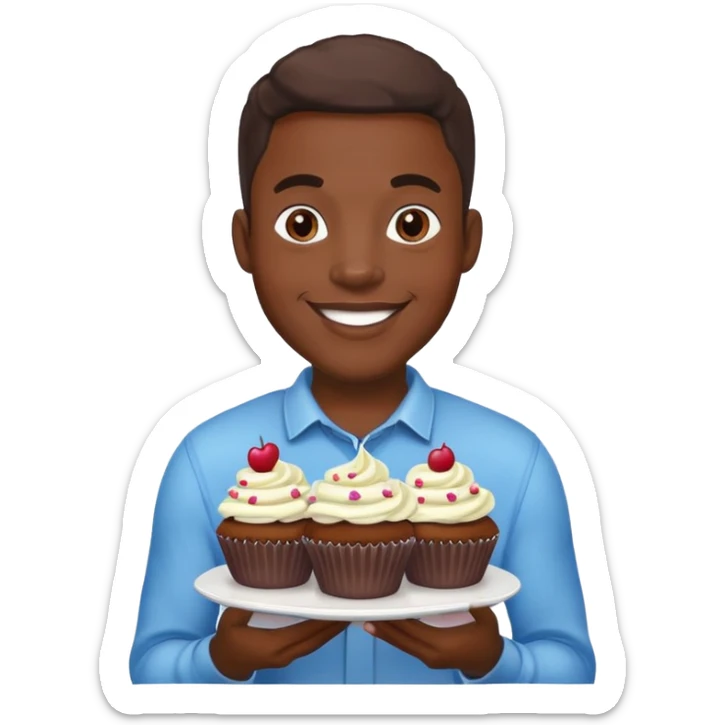 Cartoon of a very large smiling African American man holding cupcakes sticker