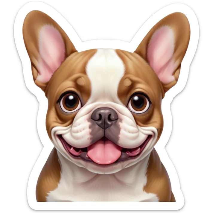 Cinematic Comical Pied French Bulldog Portrait Emoji, Head tilted with an exaggeratedly shocked, comical expression and wide, humorously expressive eyes, showcasing a distinctive pied fur of contrasting hues and a charmingly goofy face, simplified yet hilariously detailed, glowing with a sassy, playful radiance, high shine, exuding a mischievous and meme-worthy charm, styled with a soft glowing outline, capturing the essence of a Pied French Bulldog that looks ready to spark a viral laugh! sticker