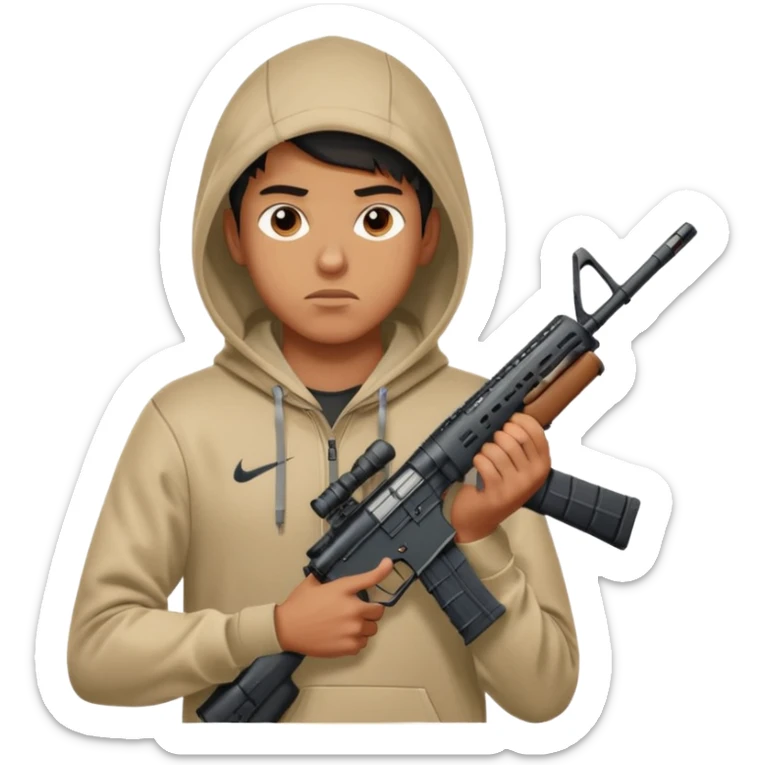 
Fais moi un jeune taliban qui ressemble qui tient une AR15 avec un hoodie a capuche, capuché, avec la cagoule nike therma fit hood sticker