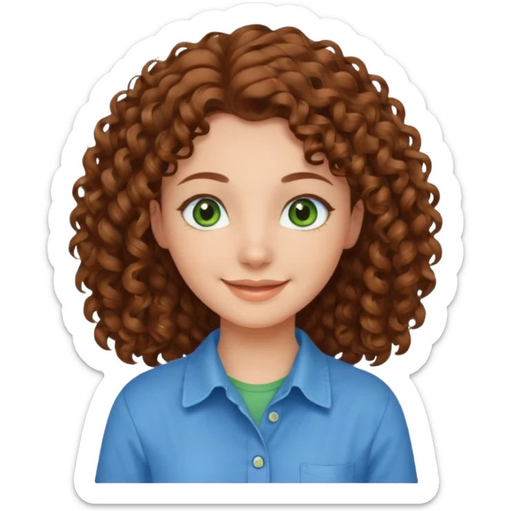 girl with brown hair, green eyes with a blue shirt no background ,young with curly hair smileing long hair not so curly and brown sticker