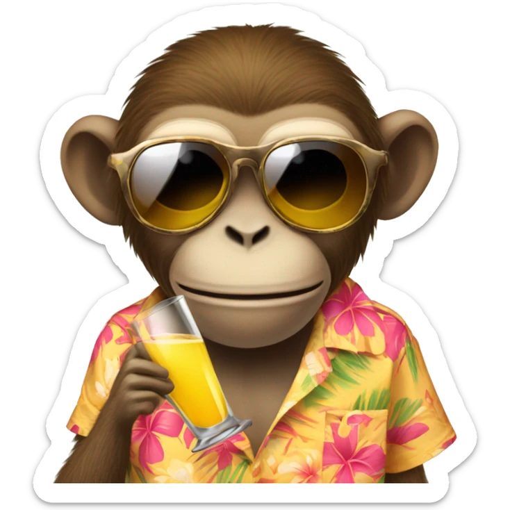 a monkey with a Hawaiian shirt, sunglasses, a fake mustache, holding a glass of mimosa sticker