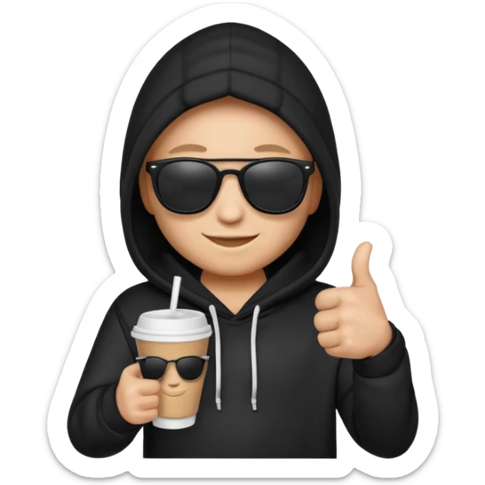 emoji di Gesù con felpa nera, sulla felpa in bianco scrivi "SKUIRTER" con occhiali da sole un pollice in su e in una mano un bicchiere di carta
 sticker