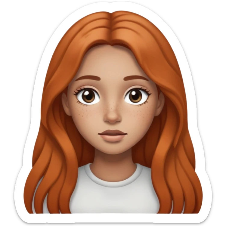 girl with long hair, black eyes, soft makeup, and freckles across her face sticker