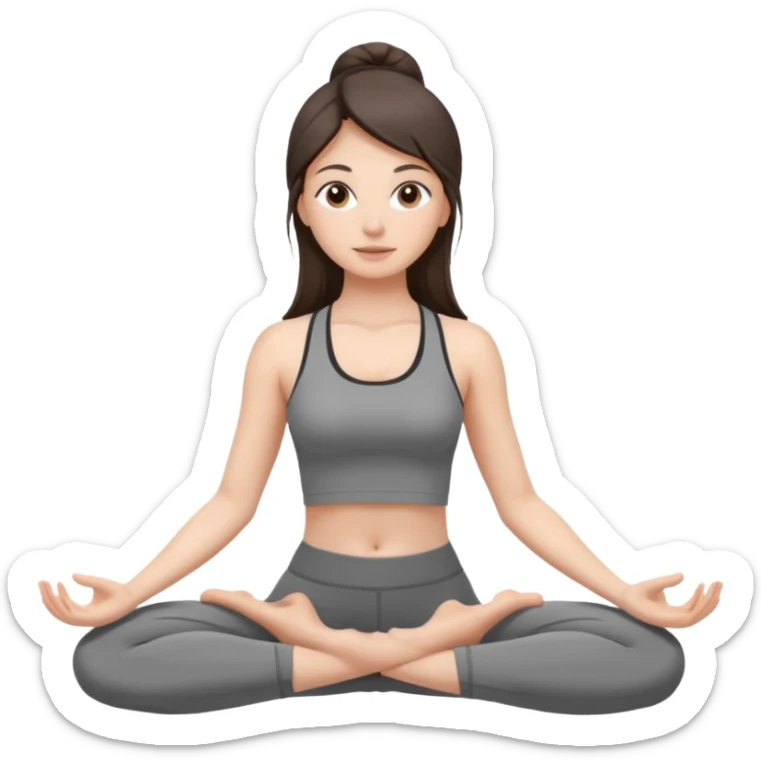 a brunette girl doing yoga, she is wearing a grey fit and she has dark straight and loose hair.  sticker