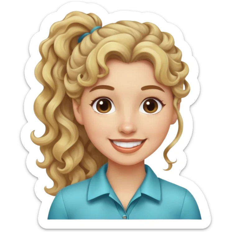 girl cruise director with curly dirty blonde hair in a ponytail, very happy sticker