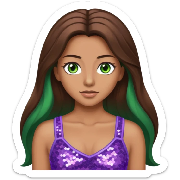 Teresa from Barbie & Friends with green eyes, long brown hair, lilac sequin crop top sticker