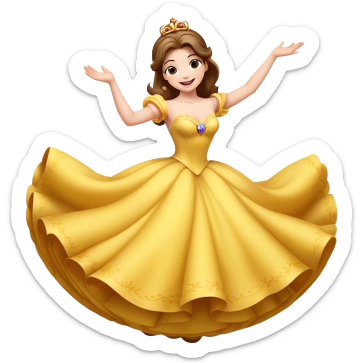Cinematic Playful Belle Portrait Emoji, Spinning joyfully in her ball gown, arms outstretched, a radiant smile lighting up her face, exuding an enchanting blend of fun and elegance! sticker