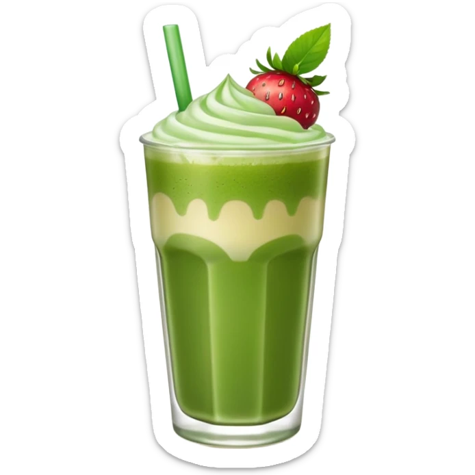 glass of iced matcha latte with visible strawberry syrup layer at the bottom, apple emoji style sticker