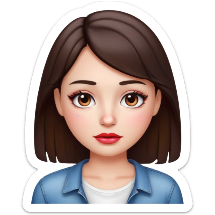 “Emoji brunette girl white top, dewy skin, heavy blush across cheeks and nose bridge, glossy cherry lips, soft eyeliner, teary sparkling eyes like hanni from new jeans sticker