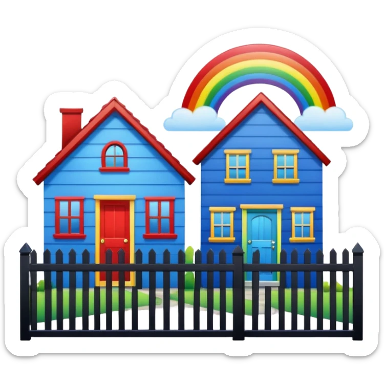 1 blue house with a black fence & next door a red house with a rainbow coloured fence. sticker