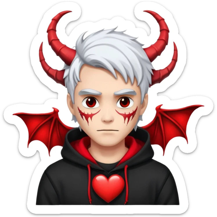 man with black and white hair, half black face, red horns, black hoodie, red wings, dragon skeleton, heart necklace sticker