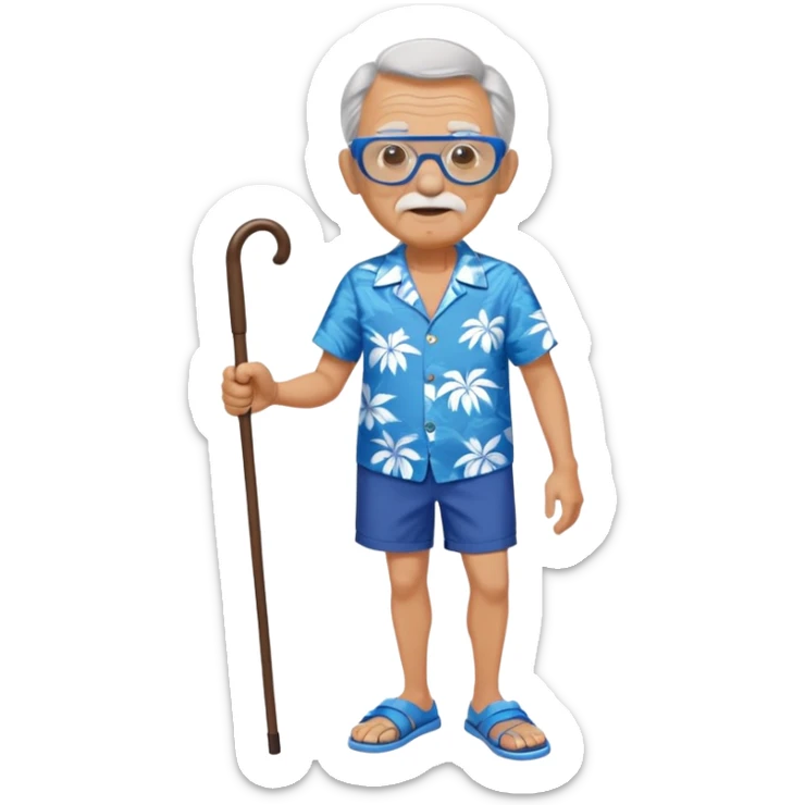 old man with cane and blue  Hawaiian shirt and blue short and googles  and blue shoes sticker