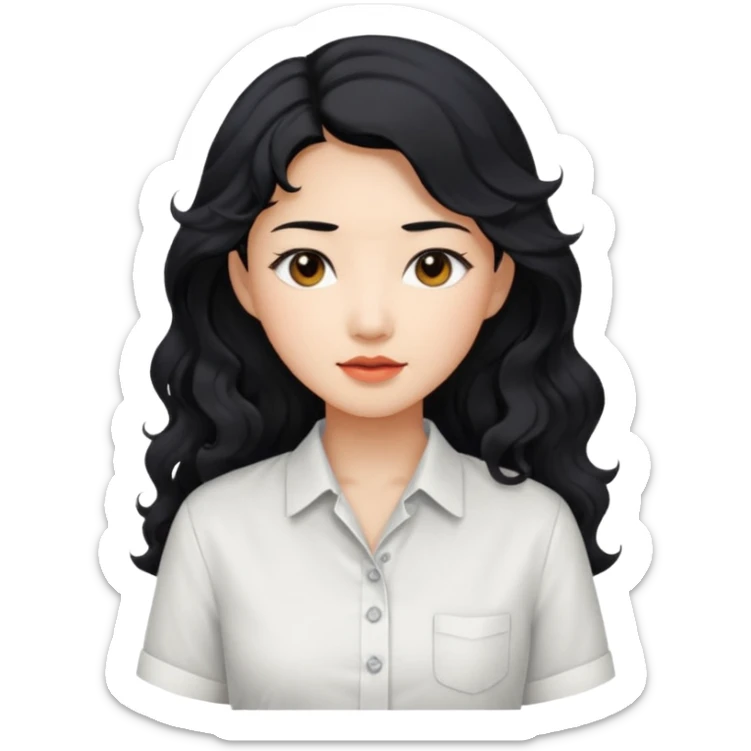 Asian woman, black hair, long permed wavy hair, white button-up shirt, flat colors, transparent background. sticker