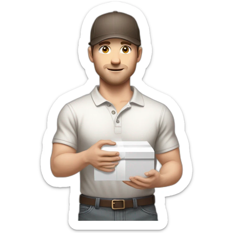 Pale skinned fit Man with dark brown hair in a light gray cap, dark brown jeans, brown polo and white T-shirt keeping a pasted with tape white box into his hands sticker