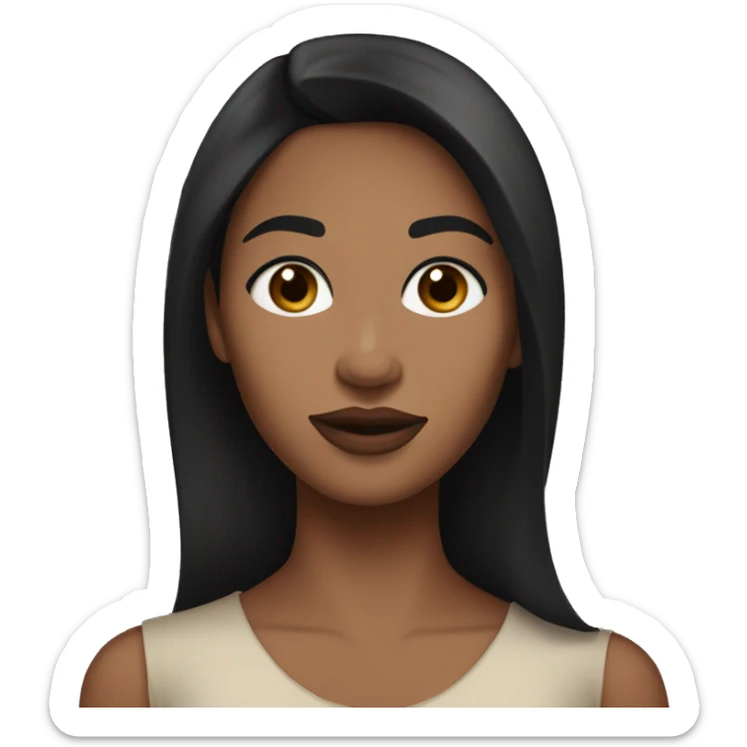 A woman with long, straight black hair and black eyes, having a medium-brown skin tone. She wears modest clothing, avoiding revealing styles. Her facial features, particularly around the mouth, are well-defined, and she is wearing lipstick sticker