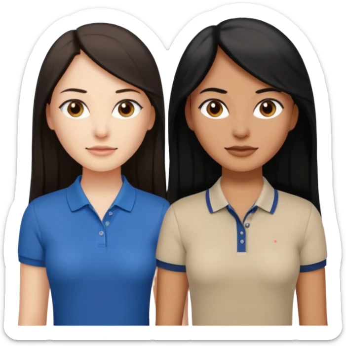 Dos mujeres juntas que una sea de color trigueña y de color blanca, cabello largo negro sea la de piel blanca y la de piel trigueña cabello castaño raya en medio, tengan polo blanco sticker
