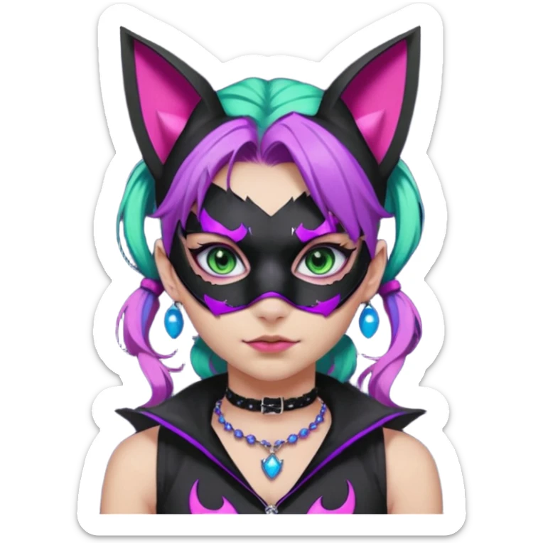 Girl with green eyes, wearing a bat mask with pink stones around her eyes, her hair tied in a ponytail, the hair is purple with blue and pink streaks, with black cat ears with pink stones around, wearing a black shirt that covers the neck, and a sleeveless blue jacket, and a necklace of pink stones sticker