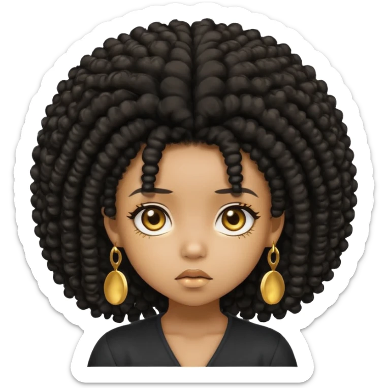 Create a black chibi girl with long afro hair and beautiful gold eyes give her a confusing expression  sticker