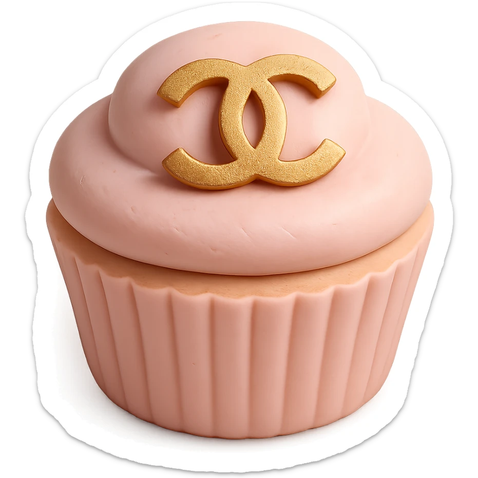 pastel pink Chanel cupcake with a gold logo accent, luxury style sticker