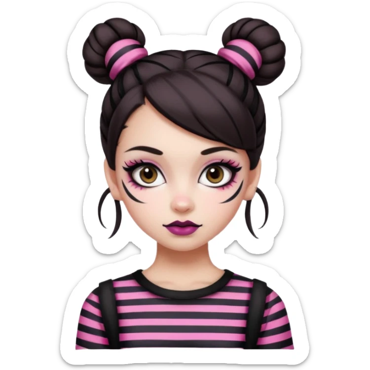 generate a pretty fair bratz girl with dark brown eyes. Dark brown hair straight hair with pink highlights tied into buns. Big eyeliner. black lipstick. Black and white striped top.  sticker