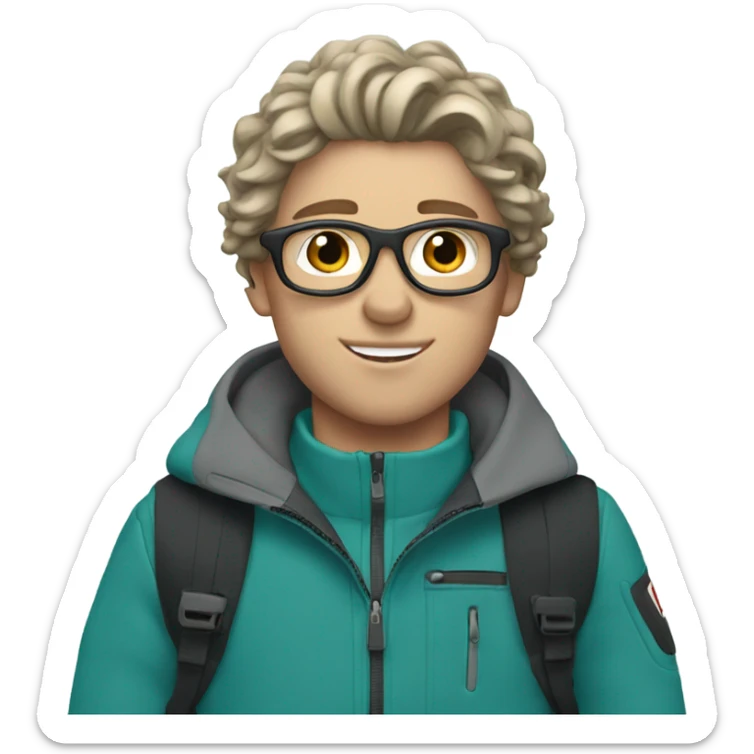 white Boy with wavy hair skiing on teal skis. He is wearing black pants and a gray jacket   sticker