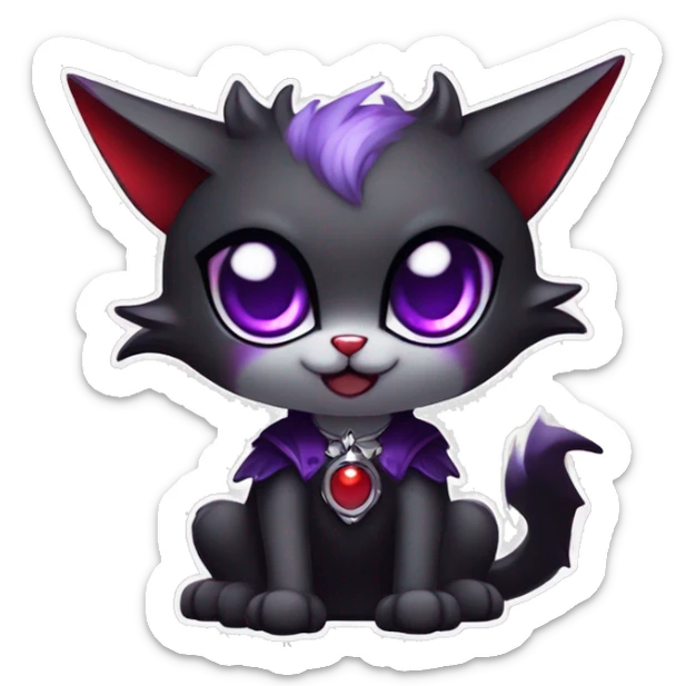 Anthro-Cute-Edgy-Cool-Vampiric-Batty-Cat-Black-Purple-Red-Grey-White-Yellow-Contrast-Colors-Fantasy-Fur-Sona-Chibi-Shiny-Fakémon-Hybrid with horns and fangs and collar full body sticker