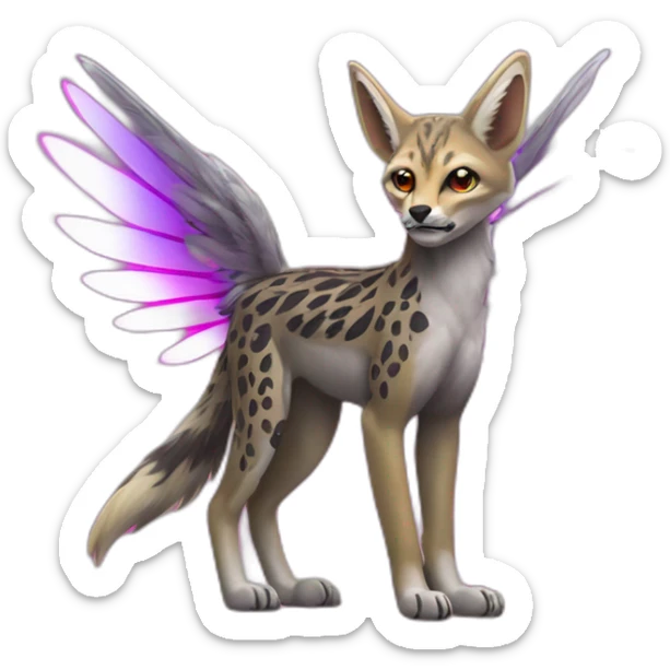Coyote ocelot standing with grey and black fur and phoenix wings on back and pink ears half skeleton, neon lights sticker