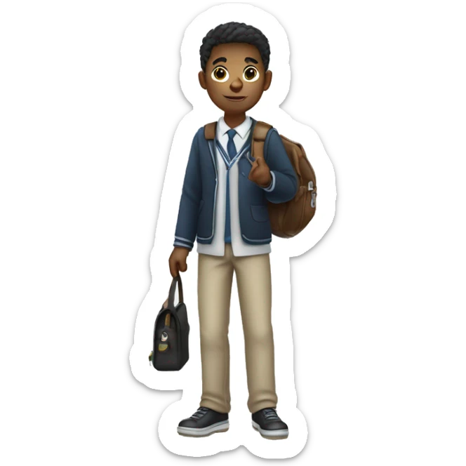 young man with a maginfying glass in his hand and wearing school uniform and bag sticker