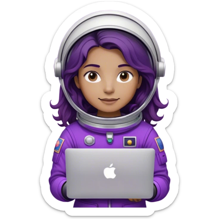 astronaut with purple suit, long ombre black/brown wavy hair and one macbook sticker