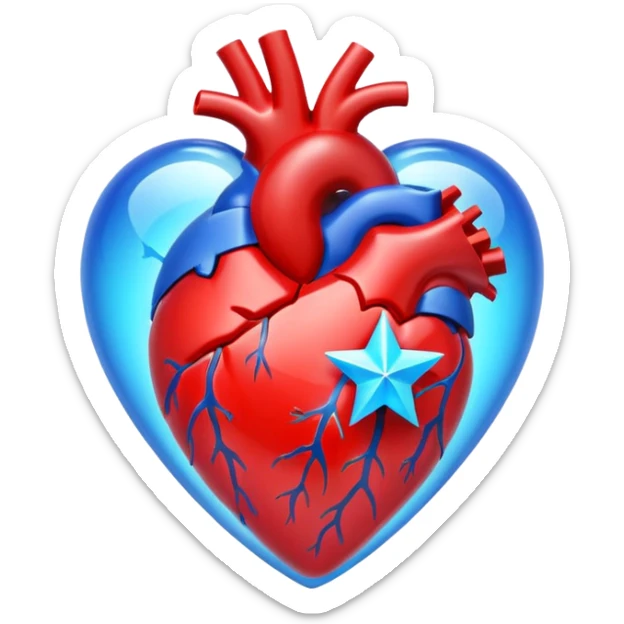 A transparent of a hologram of a red 3D heart with a bright blue star inside sticker