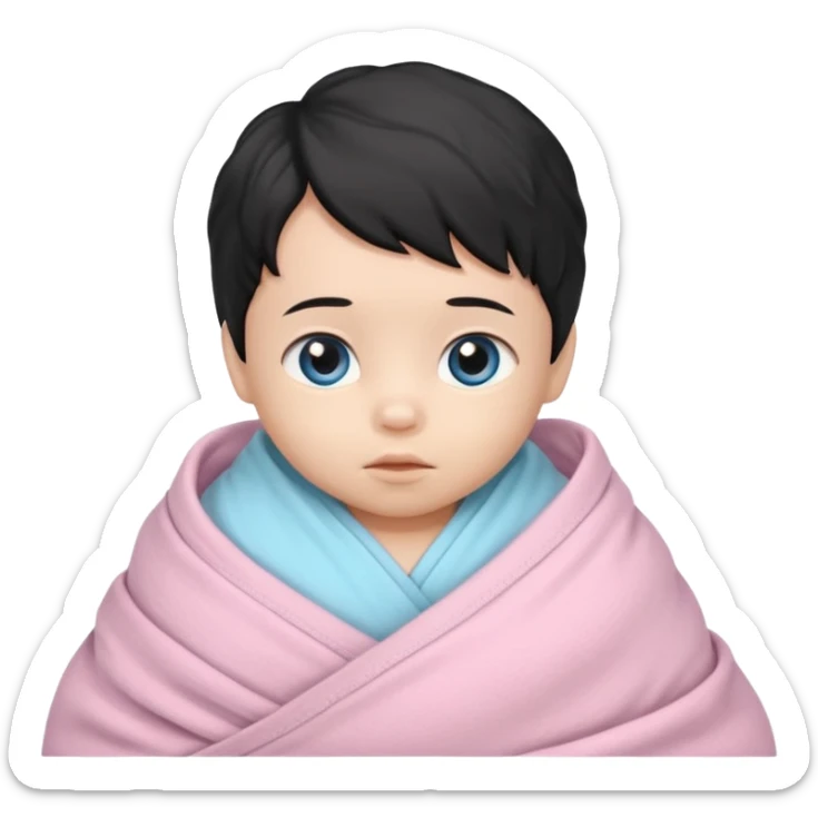 a  asian newborn baby with black wavy hair and blue eyes wrapped in a light pink swaddle sticker