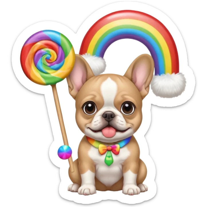 baby french bulldog wearing a propeller hat and holding a comically large rainbow lollipop  sticker