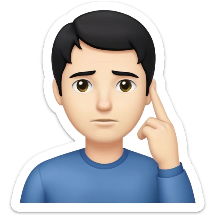 homme blanc cheveux noirs qui met son doigt sur sa tempe sticker