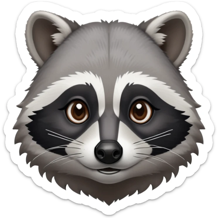 Cinematic-Noble-Raccoon-Portrait-Emoji – Poised and confident, with a sturdy build and a beautifully textured fur of silver-grey accented by dark black facial markings, deep-set, intelligent brown eyes, simplified yet sharp and sophisticated zoom out to show shoulders sticker