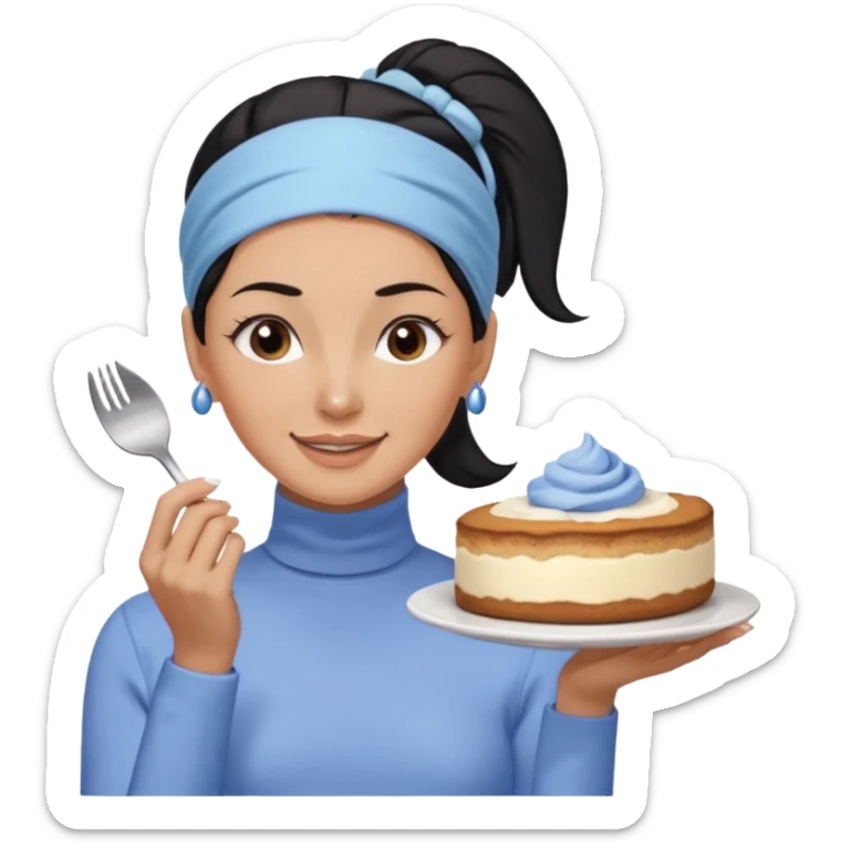  tan skin woman with long face, and short black hair slicked back ponytail with forehead showing, wearing a periwinkle colored headband and wearing pale blue turtleneck shirt, eating tiramisu smiling with hair pulled back sticker
