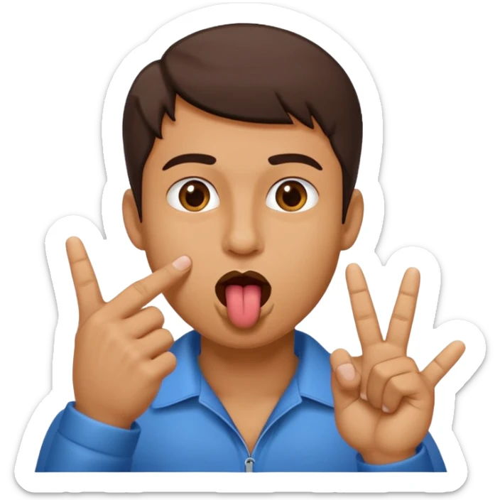Man making v shape with fingers to mouth and tongue sticking out of mouth sticker