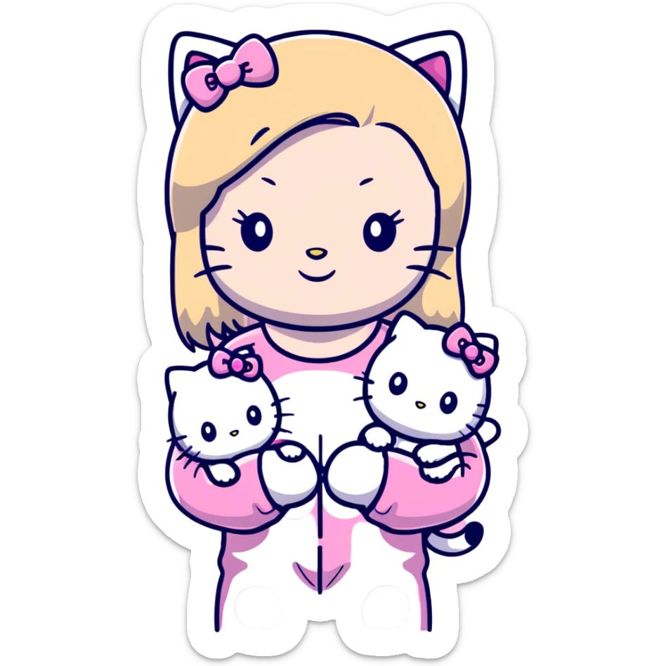 Blonde girl wearing pink Hello Kitty pajamas with two ragdoll cats sticker