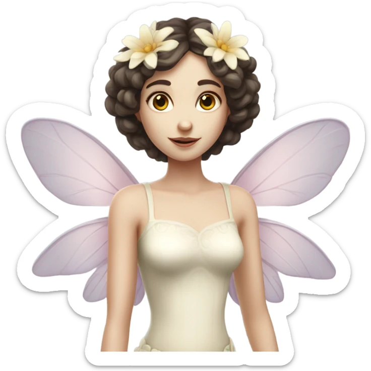 Pale skin, brunette fairy woman with flower wings full body  sticker