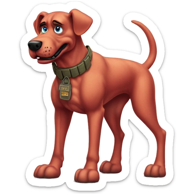 Desert storm hot tall blue eyes Clifford the big red dog muscled with tattoos on arms book illustration as a military call of duty character standing alone sticker
