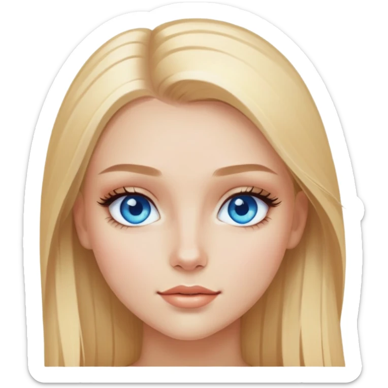 Blonde straight hair, blue eyes, long lashes, glowy makeup and a girl  sticker