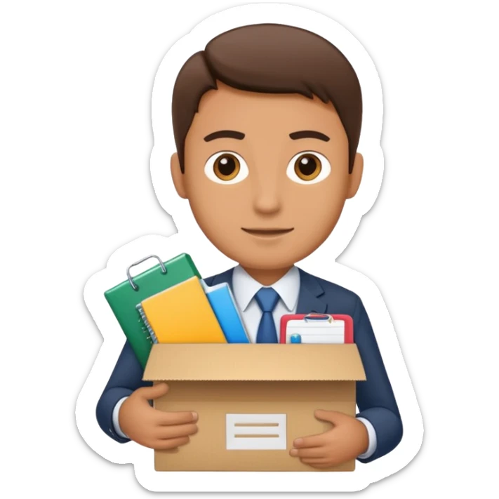 I want an emoji that represents moving out of the office. It's like a businessman with a cardboard box with box office utilities inside of the box. sticker
