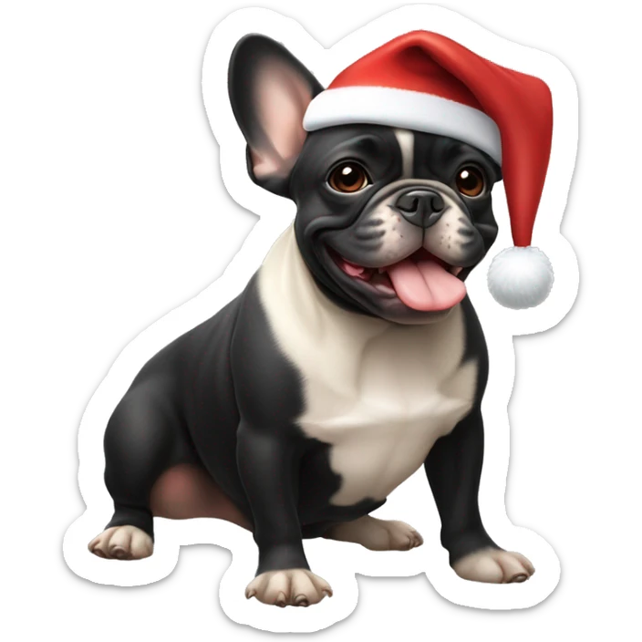 A small, black-and-tan French bulldog with a mostly black face and tan paws, wearing a classic red and white Santa hat, sitting happily with its tongue slightly out. sticker