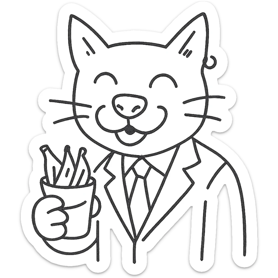 cat with a dog nose, wearing a suit, earring, holding a cup of bananas, playful expression sticker