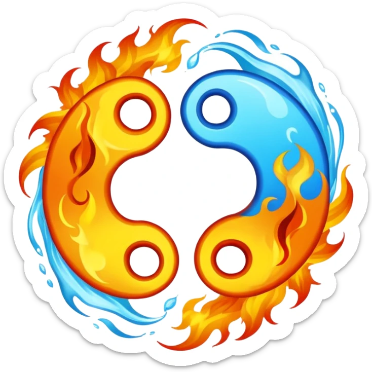 The fire and water emojis are in the form of the yin-yan symbol in front of a completely black background. sticker